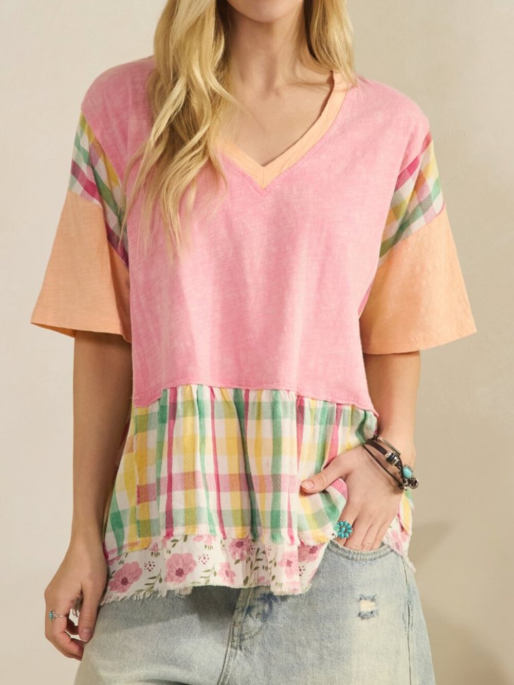 Sage + Fig Boho Baggy Upcycle T Shirt Style Ruffle Hem Slouchy Feminine Top - Picture 5 of 10